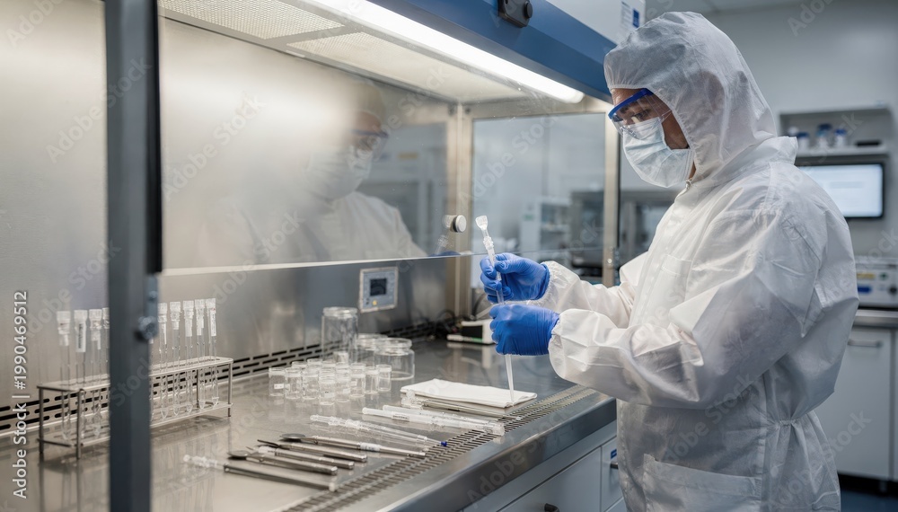 Naklejka premium Technicians perform quality control sampling inside a laminar hood ensuring sterile conditions while collecting product samples for potency and purity analysis in a controlled