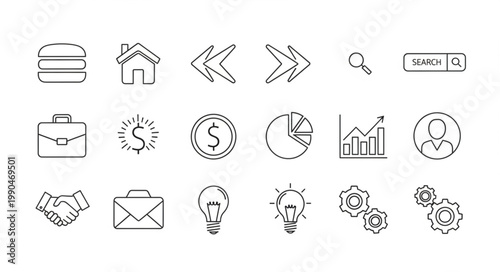 Collection of hand-drawn business and technology icons.