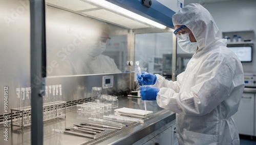 Technicians perform quality control sampling inside a laminar hood ensuring sterile conditions while collecting product samples for potency and purity analysis in a controlled