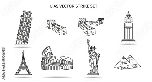 Famous Landmarks Collection Hand Drawn Vector Illustrations.