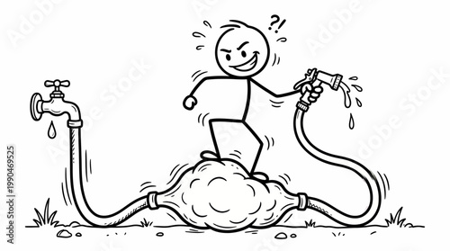 Angry cartoon stick figure man battles a bursting water hose and water waste issue