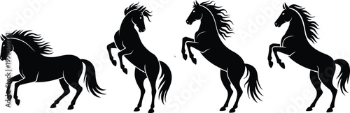 Collection of majestic horse silhouettes in dynamic rearing and running poses with flowing manes isolated on a white background for vector design.