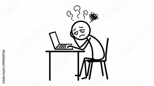 Stressed stick figure struggling with work on a laptop at a desk