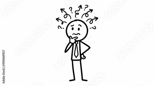 Confused stick figure man with question marks above his head