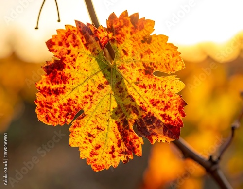 Vibrant Autumn Grapevine Leaf In Vineyard At Golden Hour Backlit Macro Photography Close Up With Warm Sun Flare Background