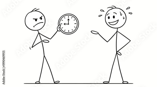 Angry stick figure confronting a nervous individual about missed time or deadline