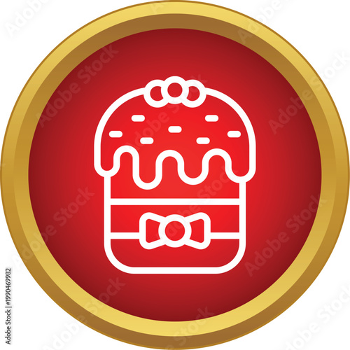 White outline of a traditional kulich easter cake with icing and a bow inside a red and gold circle