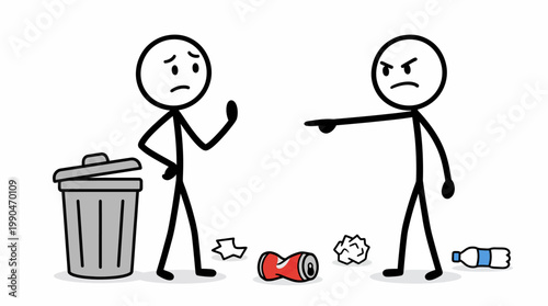 Confrontation over littering Stick figures illustrating a dispute about waste and environmental responsibility