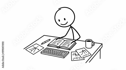 Stick figure learning at a desk with a book and coffee