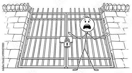 Man in Panic Facing Locked Metal Gate with Barbed Wire Fence