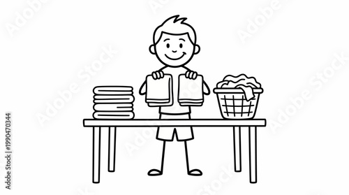 Cheerful young boy folding clean laundry, showcasing household chores and daily routine