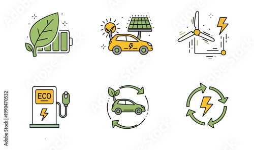 Premium 18 EV Charging Modes  Power Management Icons  Vehicle Connectors, Battery Status Indicators, Smart Energy Grid  Electrical Infrastructure Line Art