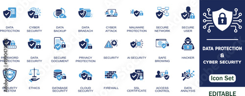 Data protection and Cyber security editable solid icon set. Containing backup, breach, attack, privacy, ethics, policy, secured , encryption, safety, locked, password and more vector icons collection.