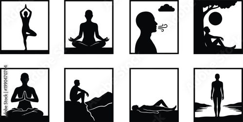 Exploring various meditation and mindfulness practices in serene environments Vector