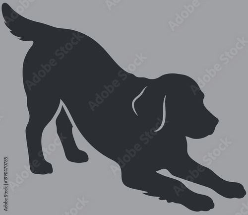  Dark grey silhouette of playing dog stretching on light background