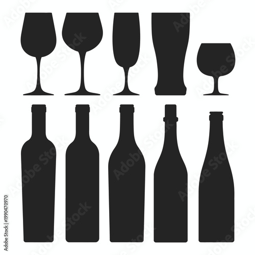 The image features black silhouettes of various bottles and glasses arranged in two rows