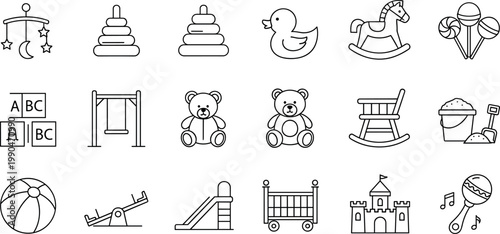 Baby Toys and Playground Equipment Line Icon Set Featuring Rocking Horse Teddy Bear Alphabet Blocks Slide and Sandbox for Nursery and Childcare Designs