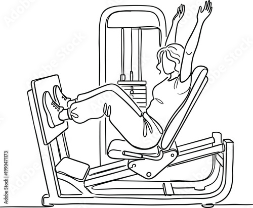 Woman exercising on leg press machine line art illustration, gym workout fitness training scene with strength equipment design