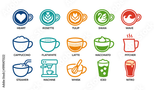Assorted coffee cup and latte art icons on white background