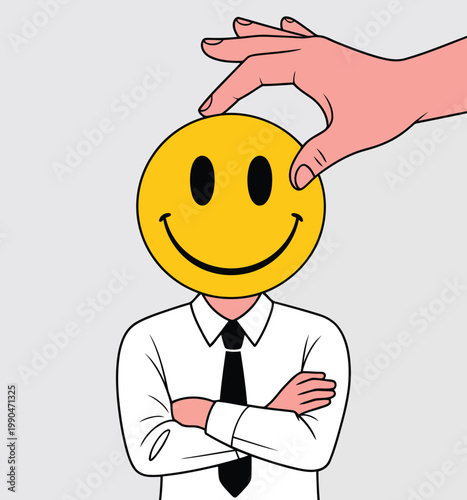 Surreal illustration of a person with a smiley face for a head conceptual art