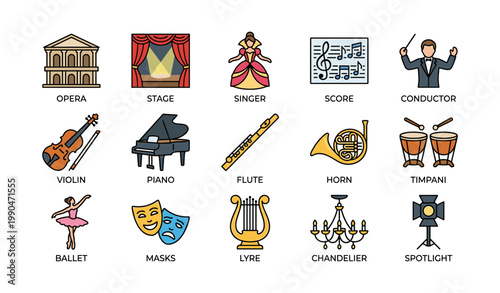 Opera and classical music icons arranged on white background