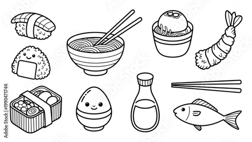 Cute Japanese Food Line Art Set  Kawaii Sushi and Traditional Dishes Minimal Outline Collection