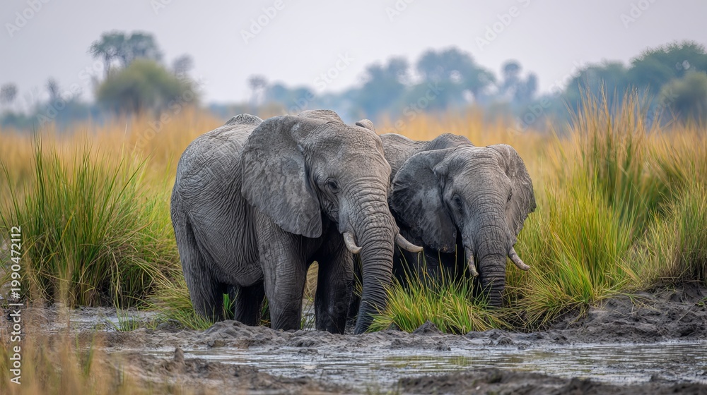 Fototapeta premium Elephants bathe in a muddy pool in Botswana's Moremi game reserve, munching on green grass.