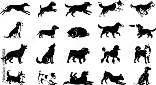 A versatile collection of dog silhouettes showcasing various breeds and poses, perfect for graphic design and creative projects
