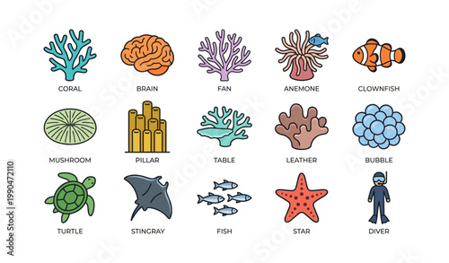 Marine life icons showing corals and sea creatures on white background