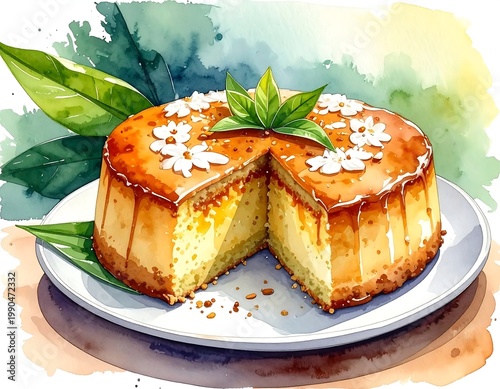 Watercolor Illustration Of A Golden Glazed Cheesecake Topped With White Flowers And Green Leaves On A White Plate With A Slice Missing