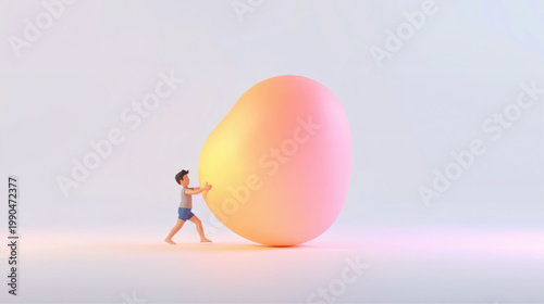 AI-Generated minimalist 3D illustration of a character pushing glowing abstract spheres, symbolizing effort, persistence, problem solving, and overcoming obstacles in a soft pastel environment