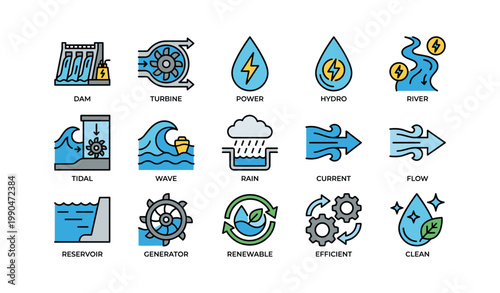 Hydropower and water energy icons on white background