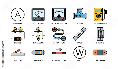 Electrical meters and circuit symbols arranged on white background