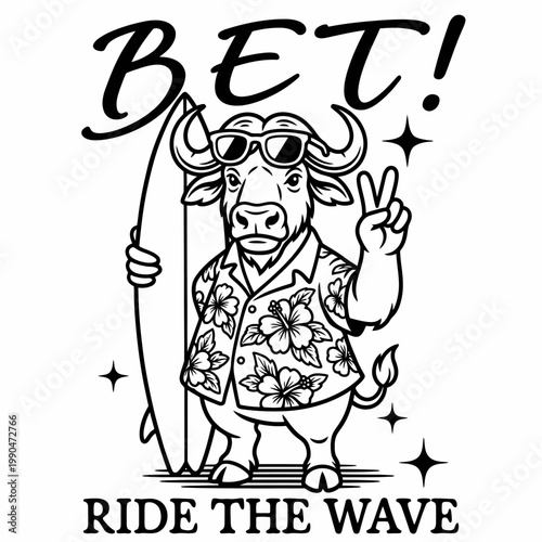 Bull wearing sunglasses and hawaiian shirt.