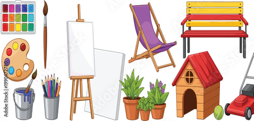 Large vector collection of leisure and hobby items including art supplies like easels and palettes, garden furniture, potted plants, and outdoor equipment.