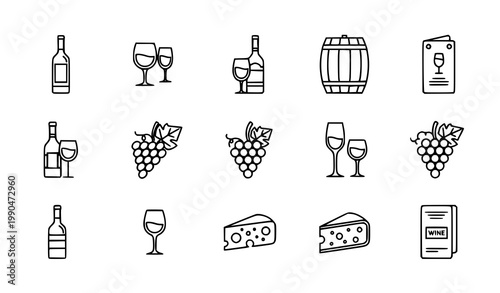 Wine product collection icons set vector thin line bottle glasses barrel grape cheese vineyard pictograms isolated white background