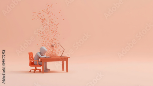 AI-Generated minimalist illustration of burnout, showing a faceless figure working at a desk as cloud-like forms drift away, symbolizing mental strain, fatigue, stress, and emotional exhaustion