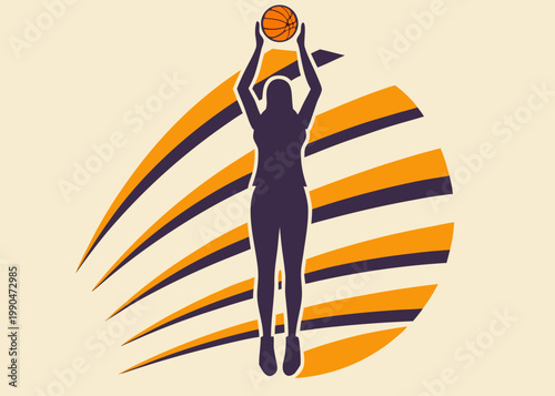 A dark blue silhouette of a female athlete jumping to catch a basketball is centered over a large beige circle with orange and blue stripes.