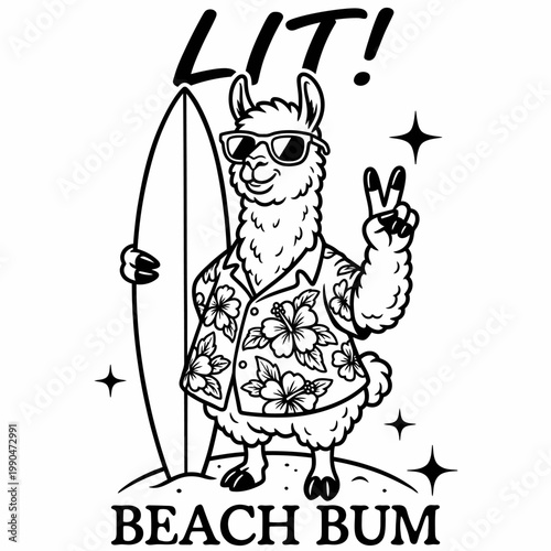 Llama Wearing Sunglasses Holding Surfboard.