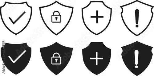 Security shield icon set. Cyber security shield icon set with lock symbols. ector illustration featuring protection symbols, check marks, and lock signs. ideal for safety interfaces, cybersecurity app
