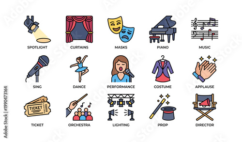Theater icons showing stage elements and performance items