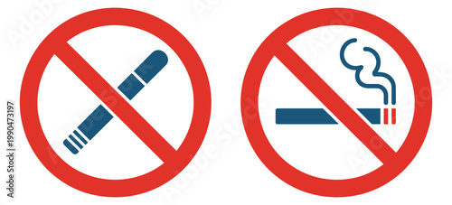 No Smoking And No Vaping Icon Set, Red Circle Slash Prohibition Signs With Cigarette And E-Cigarette Symbols, Clean Air And Safety Concept, Flat Vector Illustration For Public Areas And Regulatory Sig