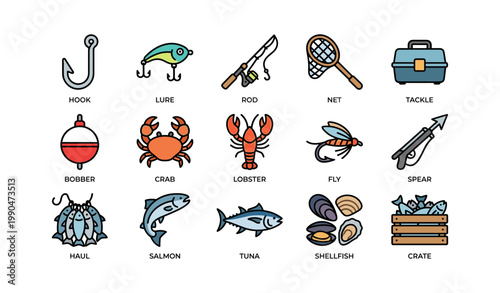Fishing equipment and seafood icons arranged on white background