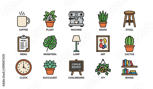 Coffee shop and interior icons showing plants and decor on white