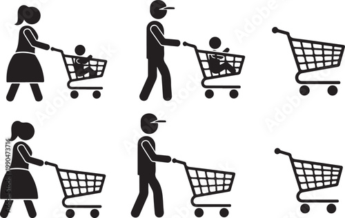 People shopping vector silhouettes showing male and female figures pushing shopping carts with and without children.