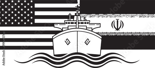 Large tanker ship front view vector illustration on waves with american and iranian flags backdrop symbolizing maritime relations.