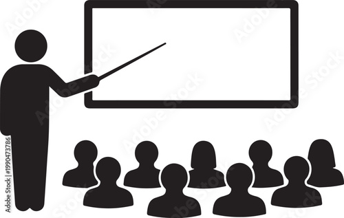 Teacher silhouette presenting lesson on large whiteboard in classroom for group of students sitting in front during school lecture.