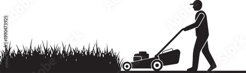 Man mowing lawn grass with mower machine.