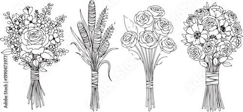 Four different hand-drawn bouquet vectors, intricate floral designs with various flowers, leaves, and tied stems.