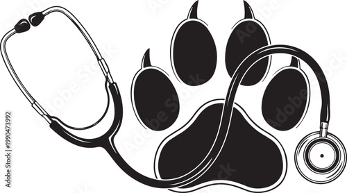 Veterinary medicine concept with stethoscope and animal paw print silhouette for pet healthcare clinic and veterinary services logo.